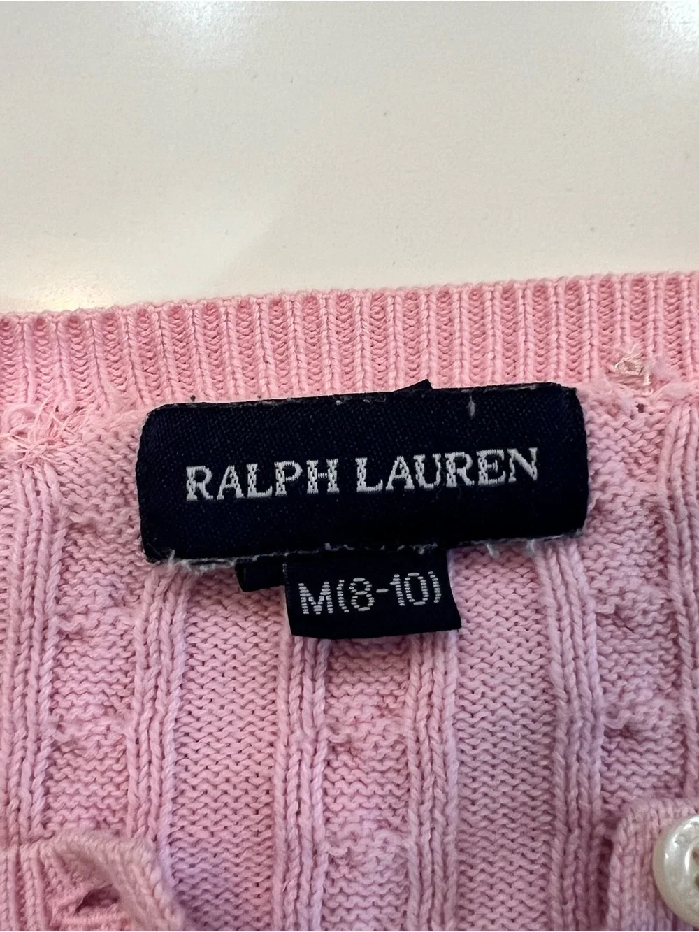 Ralph Lauren Girls Pink Cable Knit Cardigan Sweater M 8-10 Cotton Pony Logo